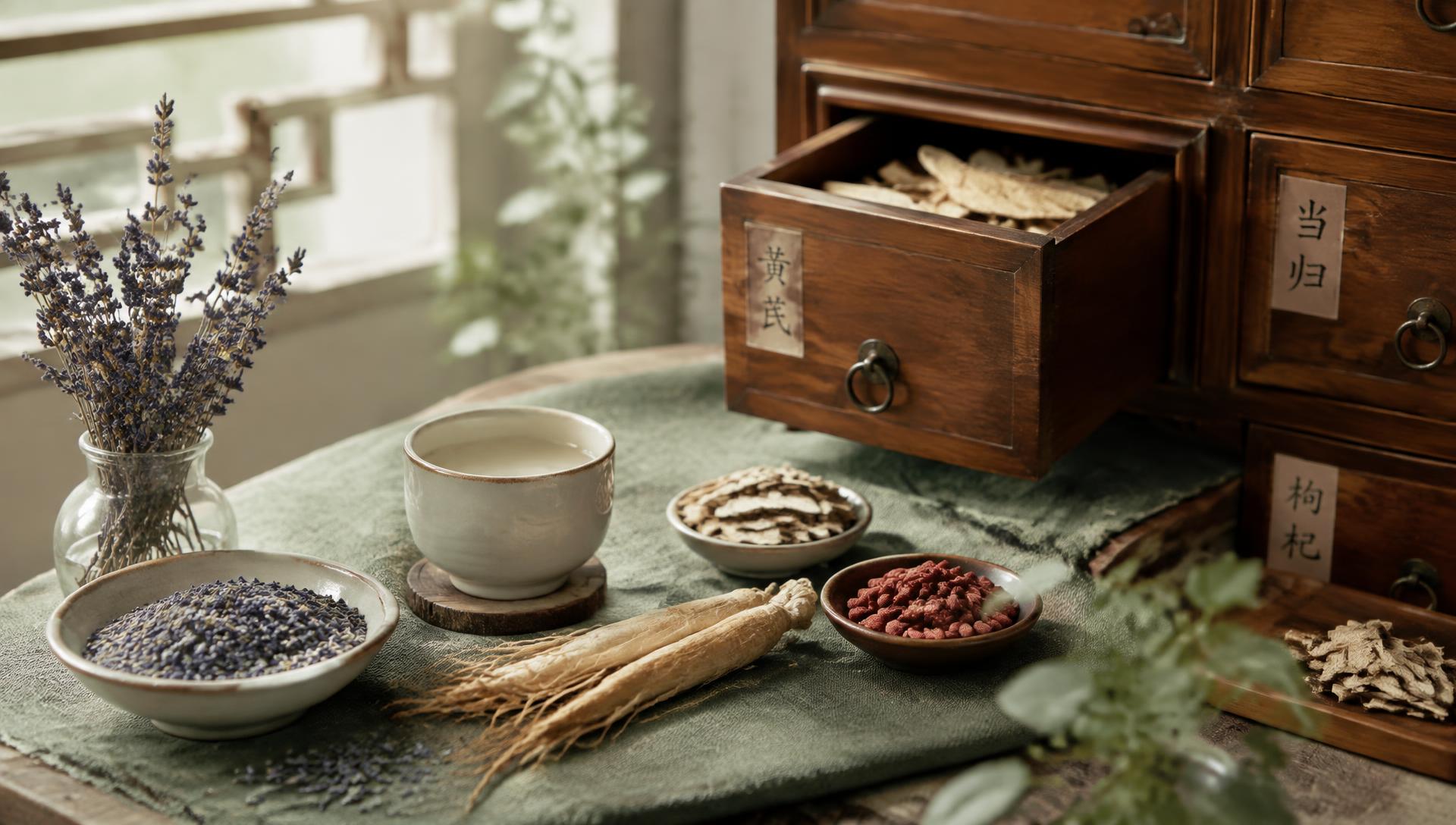 Traditional Chinese herbal apothecary with dried lavender and herbs